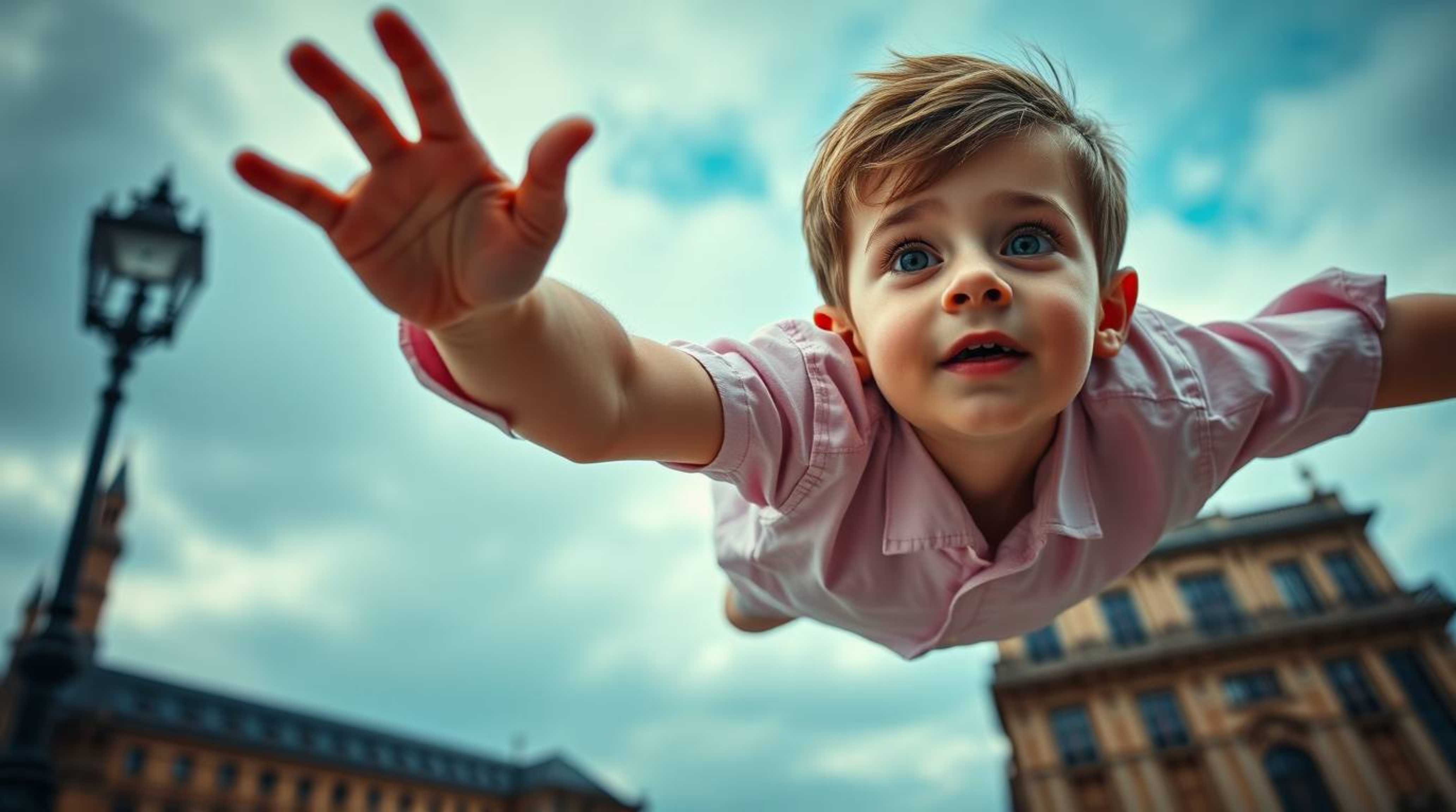 A captivating low-angle photograph depicts a young boy with fair skin soaring above London, propelled by shimmering pixie dus
