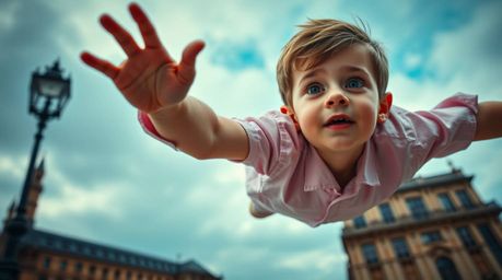 A captivating low-angle photograph depicts a young boy with fair skin soaring above London, propelled by shimmering pixie dus