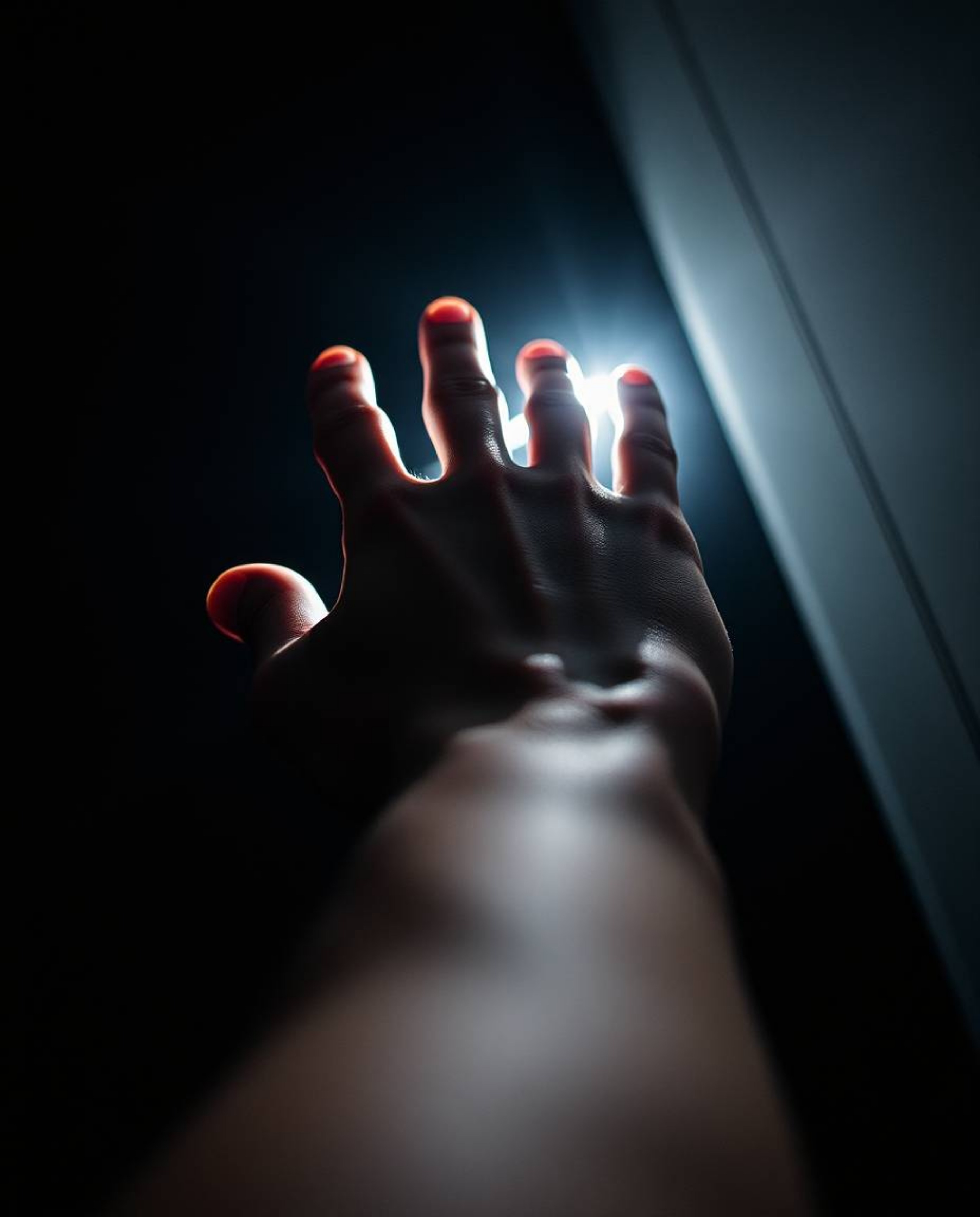 A striking architectural photograph showcases a hand reaching towards a bright light from a dark background.  The image is a 