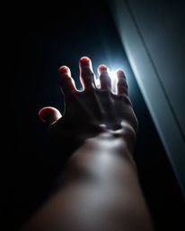 A striking architectural photograph showcases a hand reaching towards a bright light from a dark background.  The image is a 