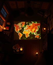 Experience a captivating bird's eye view of a luminous map projected within the confines of an antique study, bathed in the g