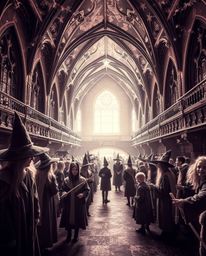 Explore a surreal infrared image of a magical school teeming with young wizards, radiating an ethereal spiritual vibe and an