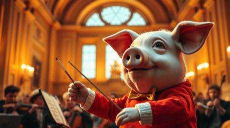 An adorable pig character charmingly conducts an orchestra in a warm, candlelit setting. This precise architectural color pho