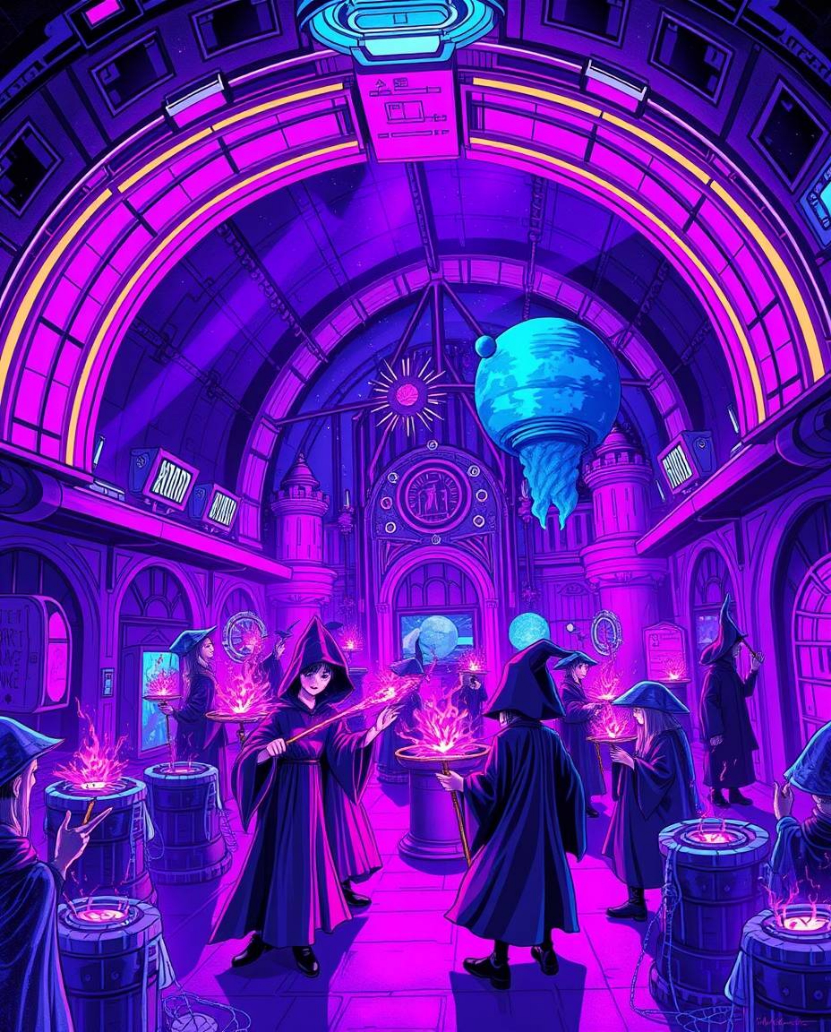 Immerse yourself in a futuristic sci-fi illustration depicting a magical school brimming with young wizards. Bathed in deep u