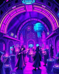 Immerse yourself in a futuristic sci-fi illustration depicting a magical school brimming with young wizards. Bathed in deep u