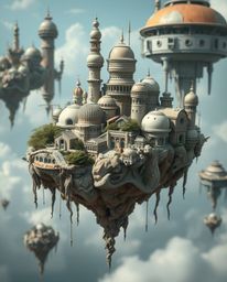 This mesmerizing artwork captures a surreal floating island, a dreamlike vision of strange architecture split into distinct s