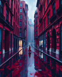 This artwork depicts a captivating and surreal street scene bathed in rich burgundy and deep blue hues.  The buildings themse