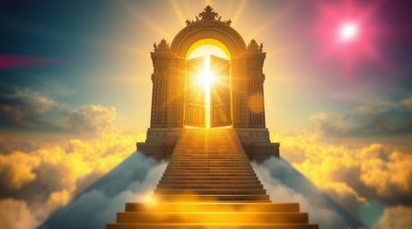 Experience the ethereal beauty of a heavenly gate floating above the clouds, bathed in golden light.  Stairs lead upwards, in