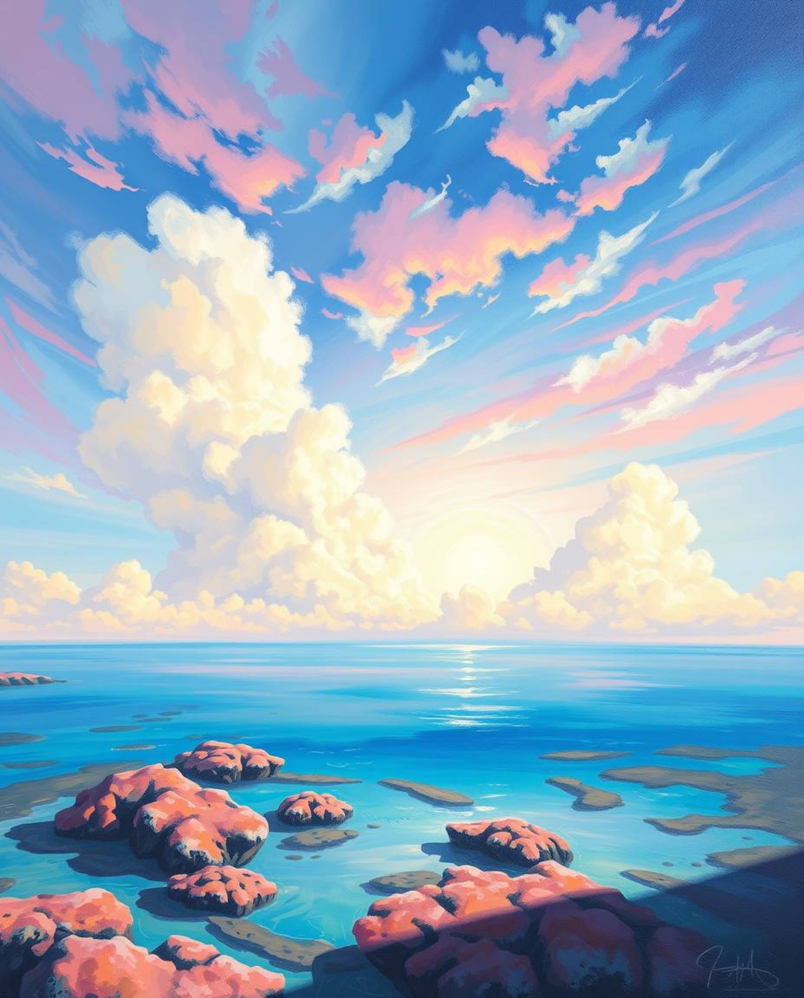 A painting captures a colorful sky over a coral reef at low tide using a palette of soft pastel colors to evoke a gentle and 