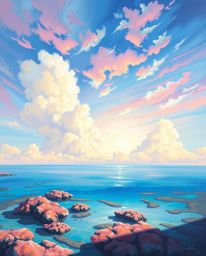 A painting captures a colorful sky over a coral reef at low tide using a palette of soft pastel colors to evoke a gentle and 