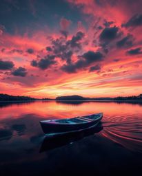 A surreal image depicts a boat drifting on a lake at sunset, glowing with vibrant bioluminescent colors and rendered in eerie