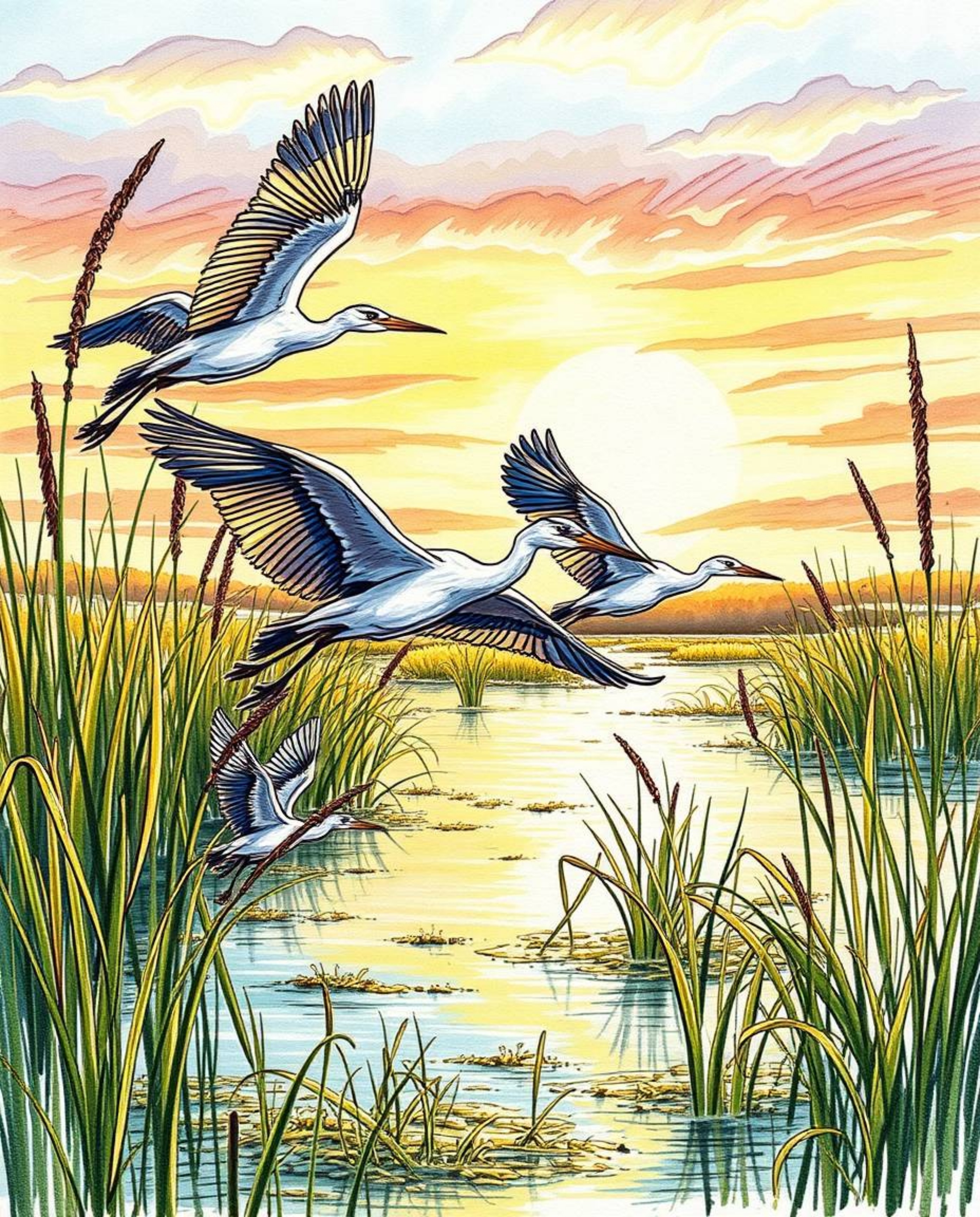 A close-up color sketchnote of a Golden hour wetlands scene, featuring herons in flight. This artwork is created in a detaile