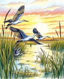 A close-up color sketchnote of a Golden hour wetlands scene, featuring herons in flight. This artwork is created in a detaile