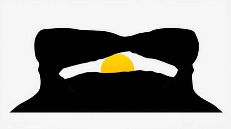 A striking jet-black logo depicts a geometric, symmetrical sunset viewed through a desert rock arch.  Rendered in pure black 