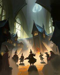 A dynamic digital sketch depicts a magical school teeming with young wizards, rendered with painterly strokes and dramatic li