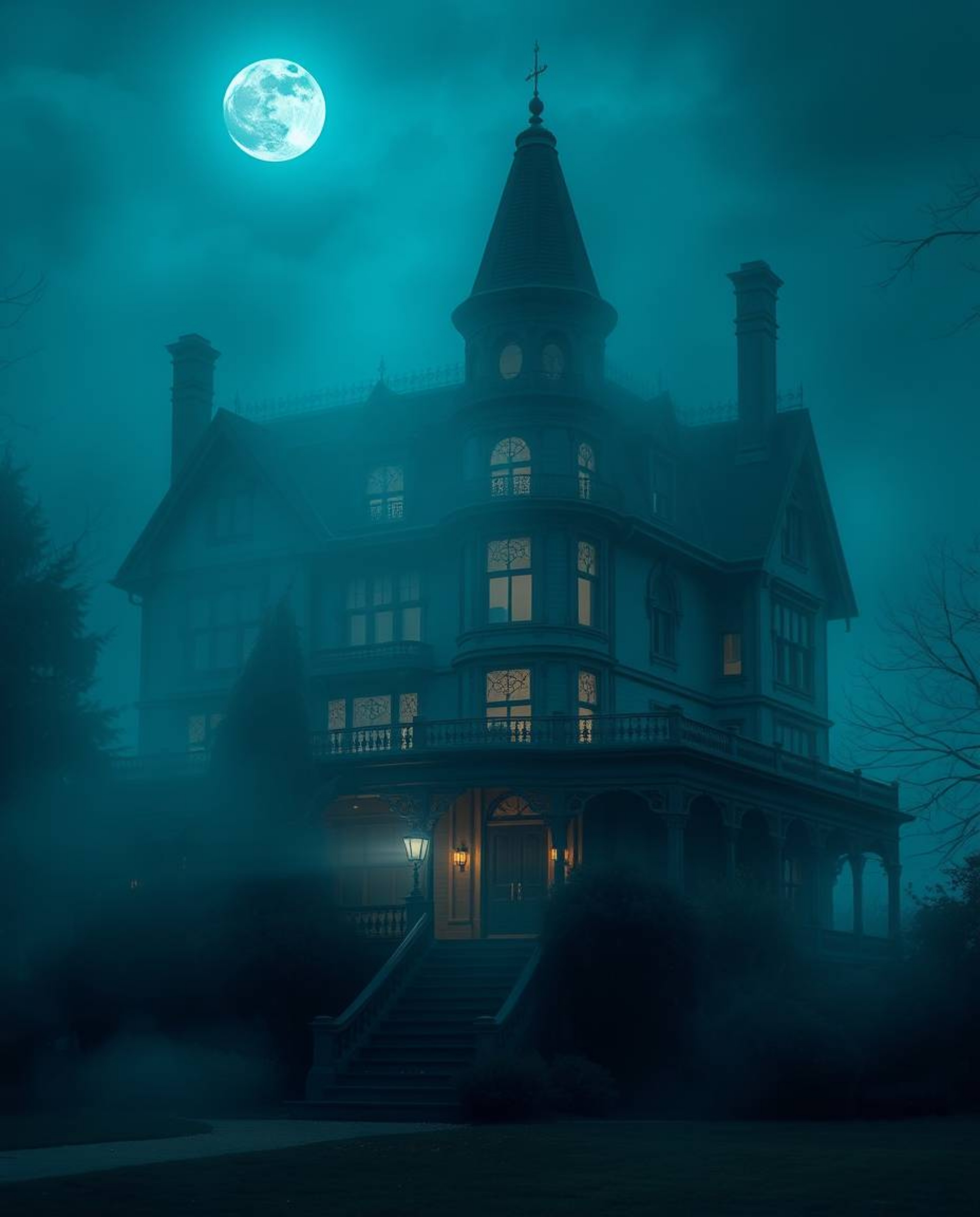 An image depicting a fog-covered Victorian mansion bathed in soft moonlight, rendered in rich deep teal hues. The scene exhib