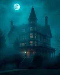 An image depicting a fog-covered Victorian mansion bathed in soft moonlight, rendered in rich deep teal hues. The scene exhib