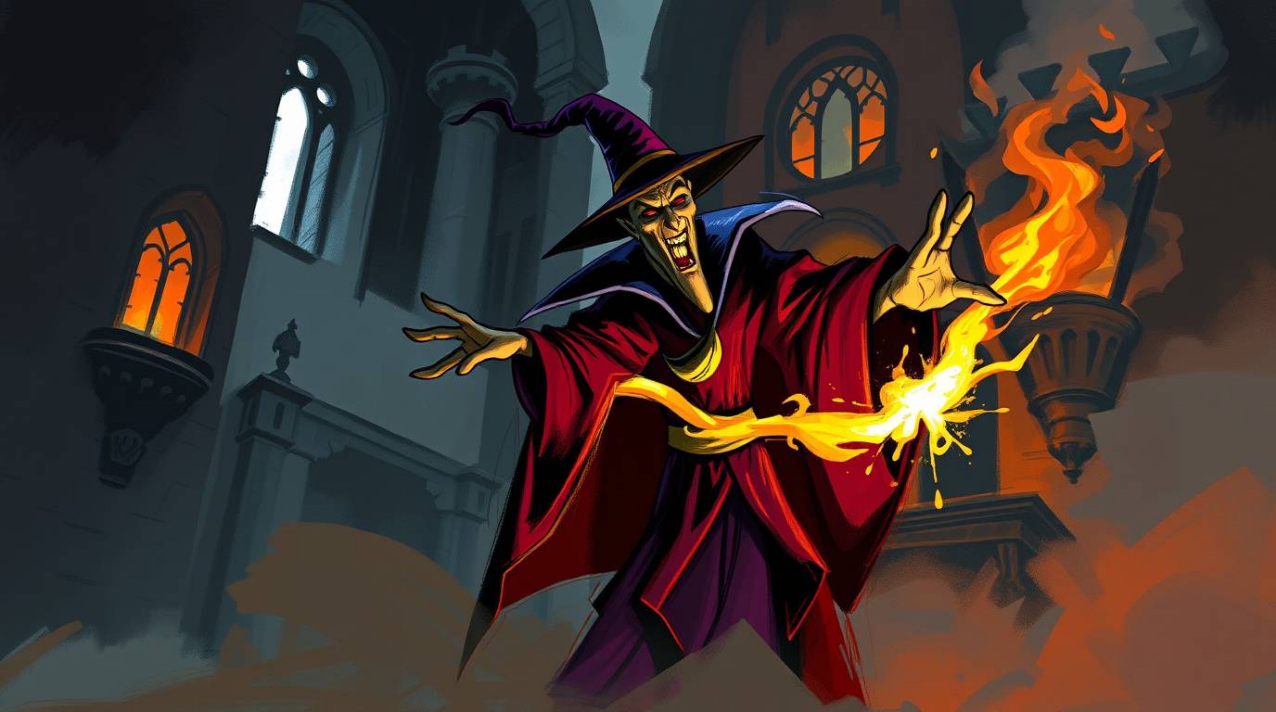 A dynamic digital sketch capturing a classic Disney villain casting a spell within an old, misty castle. The artwork utilizes