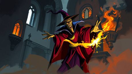 A dynamic digital sketch capturing a classic Disney villain casting a spell within an old, misty castle. The artwork utilizes