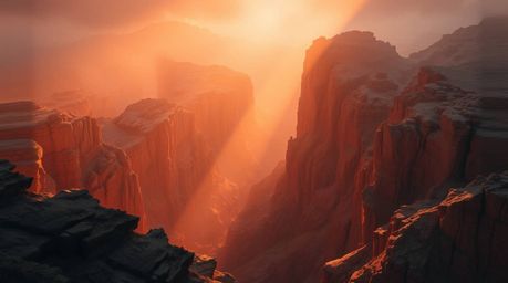 Experience the mystical allure of a rocky canyon bathed in warm sunset hues, rendered in an ethereal and spiritual style. The