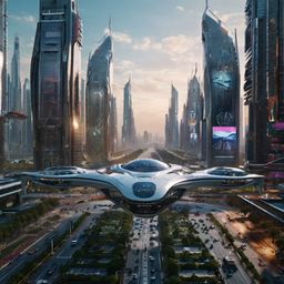 Imagine a breathtaking, sprawling futuristic city where the sky is crisscrossed with sleek flying vehicles. Transparent skysc