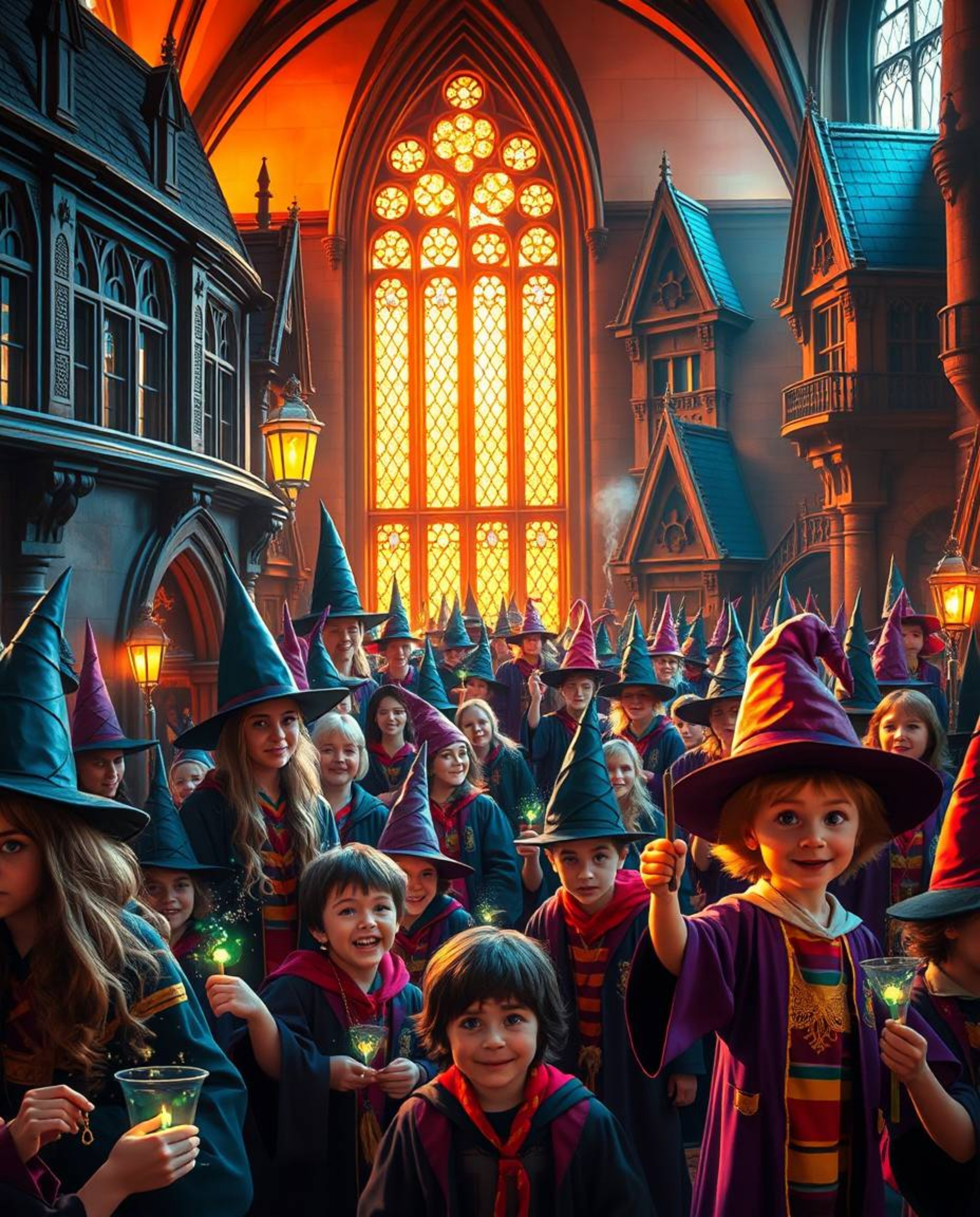 Discover a captivating magical school brimming with young wizards, bathed in the warm glow of golden hour light.  Experience 