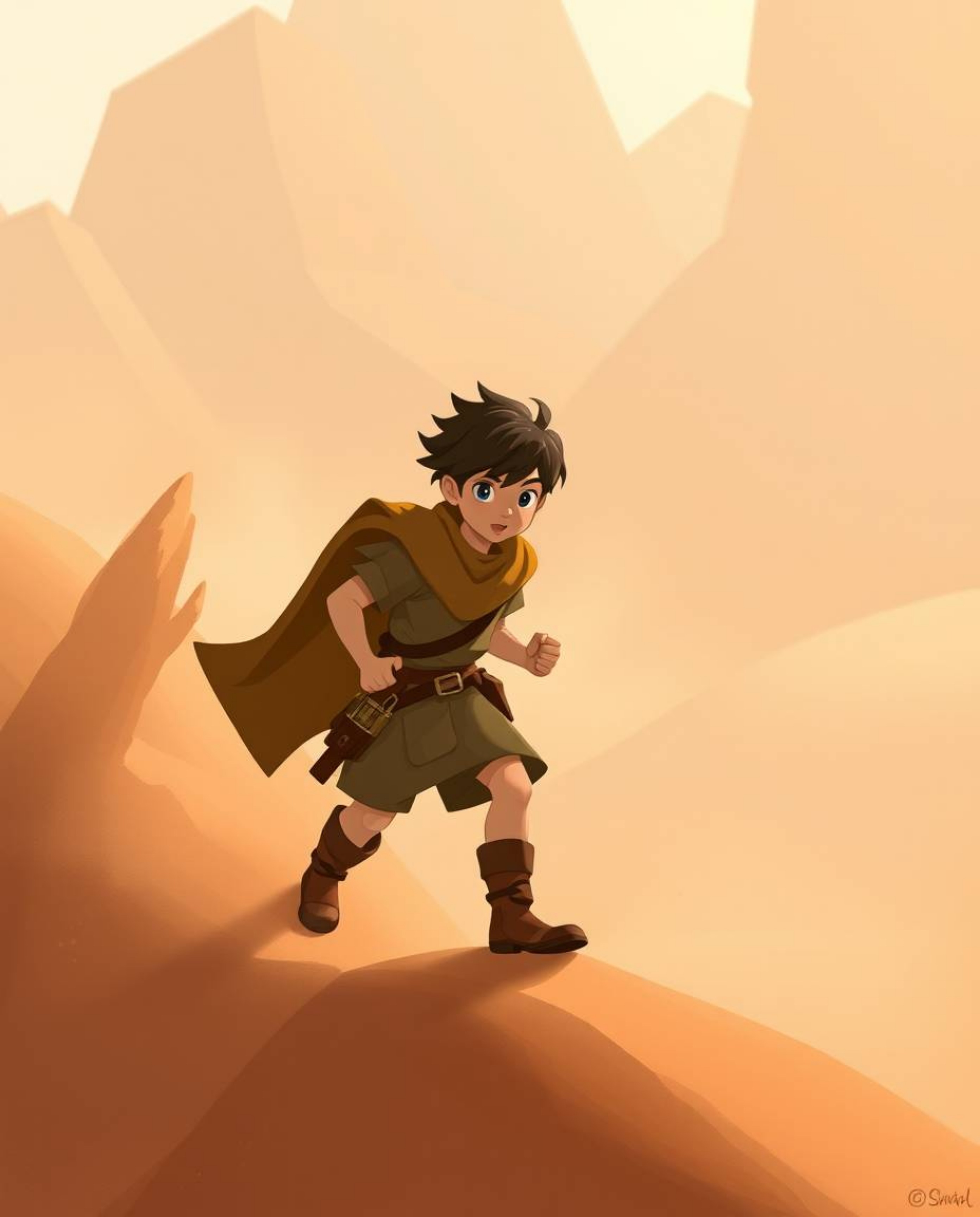 Embark on a captivating Disney-esque desert adventure with a brave hero, set against a mystic and enchanting backdrop of natu