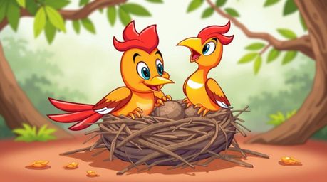 A high-resolution stock photo featuring two vibrant cartoon birds building a nest. Rendered in a classic animation style, th
