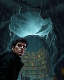 A captivating digital painting portrays a person's thrilling discovery of a hidden underground library amidst an intense stor