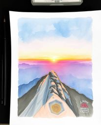 This delicate watercolor painting captures a sunset from a high alpine peak, presented from a stunning overhead bird's eye vi