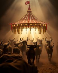 Witness a captivating scene of a carnival overtaken by wild animals, rendered with stunning volumetric lighting. Visible ligh