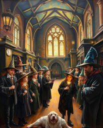 Discover a captivating depiction of a magical school brimming with young wizards, rendered in the classic style of an oil pai