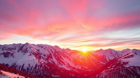 A breathtaking high-resolution stock photo captures snow-covered mountains bathed in the warm glow of a pastel sunset.  Vibra