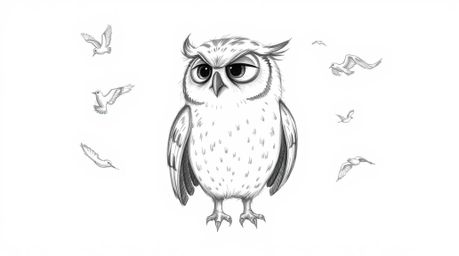 A heartwarming hand-drawn sketch in the style of Pixar animation depicts a blind owl gently teaching birds to fly.  The owl's