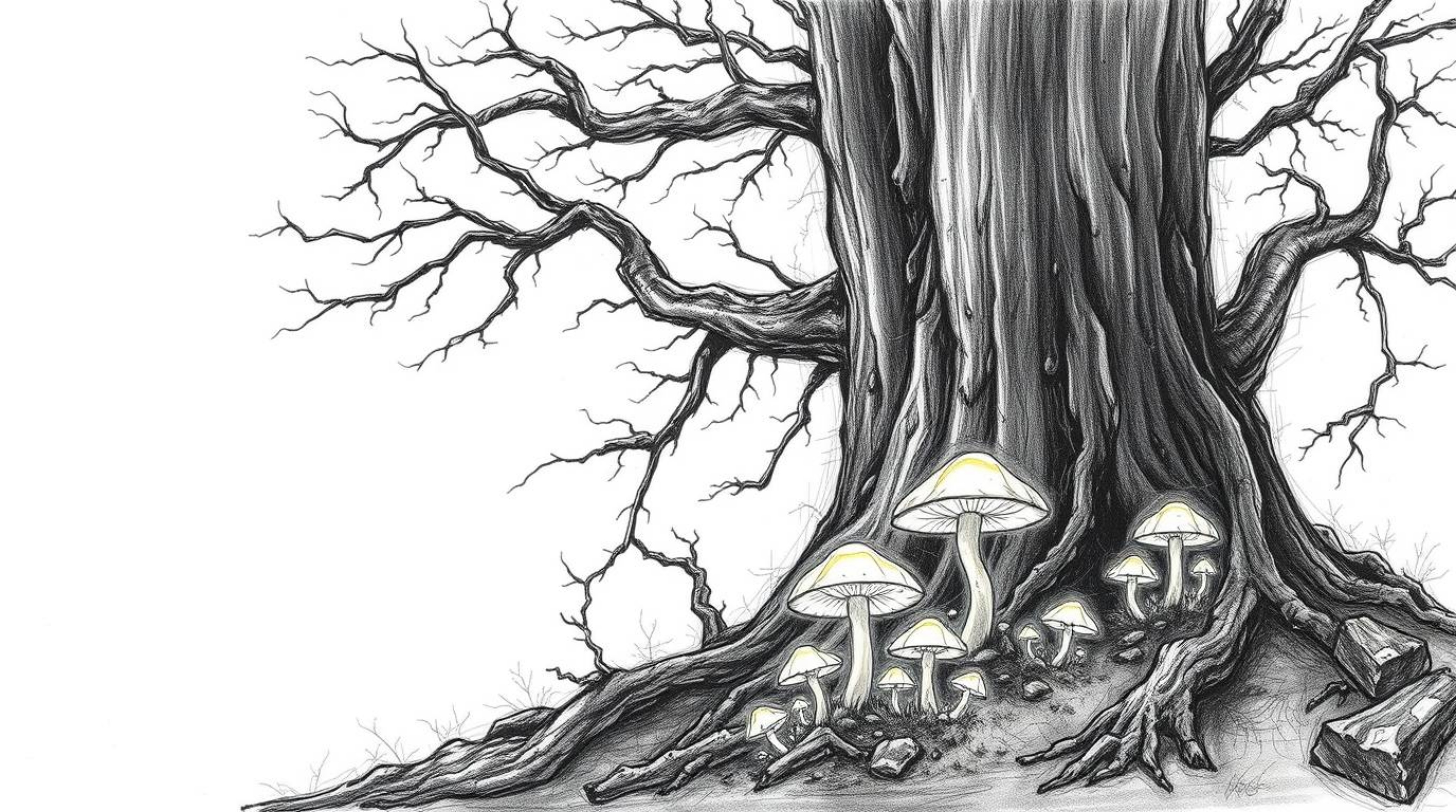 Discover a captivating hand-drawn sketch of an epic, vintage-style enchanted forest. This large-scale scene features glowing
