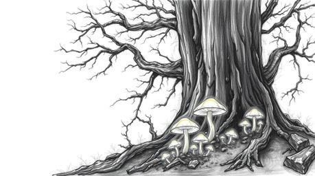 Discover a captivating hand-drawn sketch of an epic, vintage-style enchanted forest.  This large-scale scene features glowing
