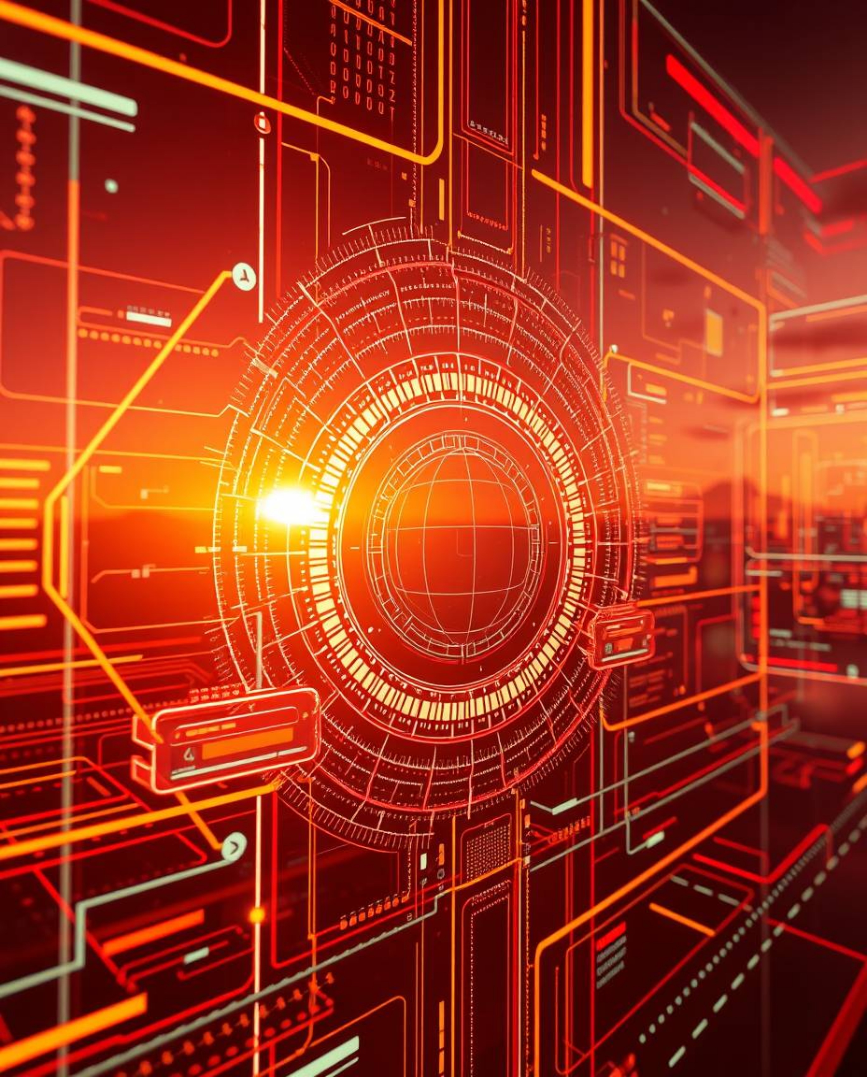 Explore a surreal vision of the future with this digital interface rendered in the warm glow of golden hour light, accented b