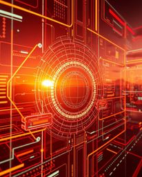 Explore a surreal vision of the future with this digital interface rendered in the warm glow of golden hour light, accented b