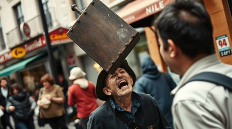A candid street photograph captures a humorous moment with an anvil about to fall on a trickster figure amidst a lively urban