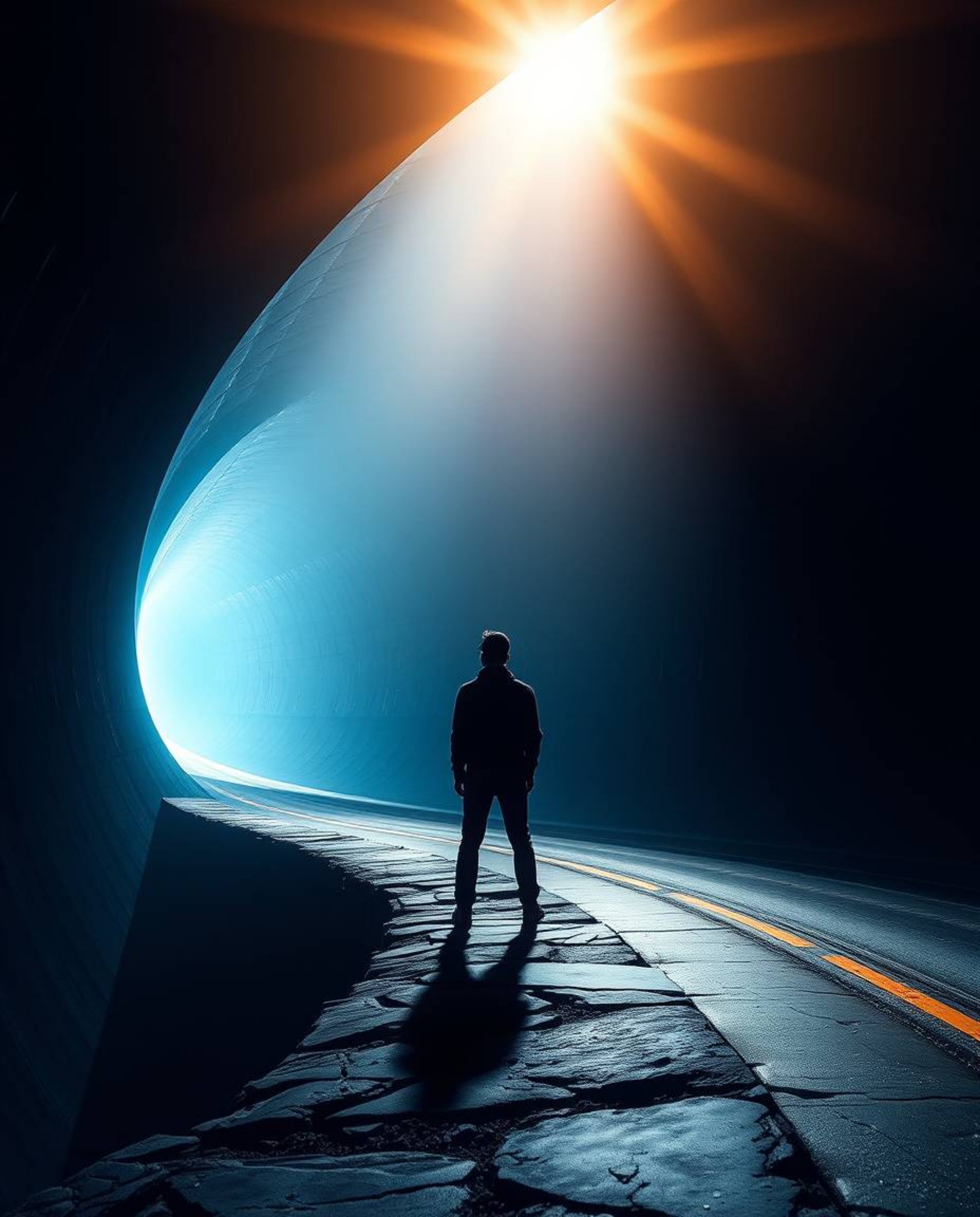 Experience an epic and modern futuristic scene with intense dramatic lighting and lens glow. A lone figure stands at the edge
