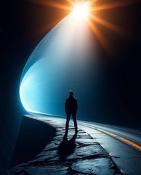 Experience an epic and modern futuristic scene with intense dramatic lighting and lens glow. A lone figure stands at the edge