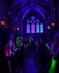 Explore a magical school teeming with young wizards, bathed in a mesmerizing bioluminescent glow with deep ultraviolet hues. 