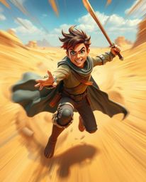 Embark on a thrilling Disney-style desert adventure with a brave hero! This stunning artwork captures the hero in dynamic mot