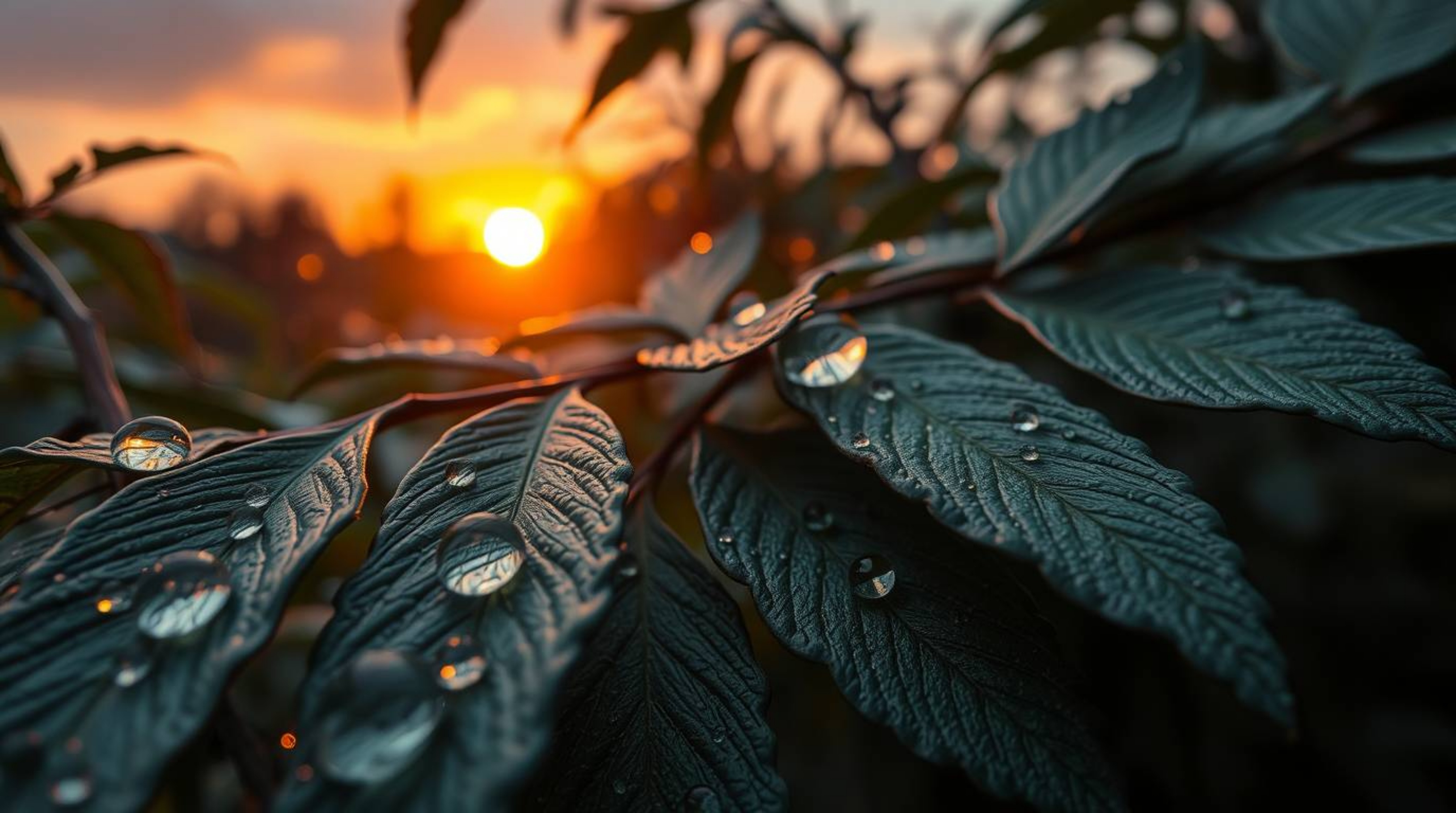 A high-angle perspective artwork featuring a sunset reflecting in raindrops on leaves, crafted with layered papier-mâché. The