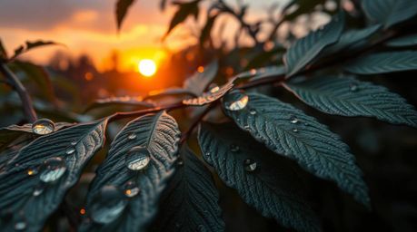 A high-angle perspective artwork featuring a sunset reflecting in raindrops on leaves, crafted with layered papier-mâché. The