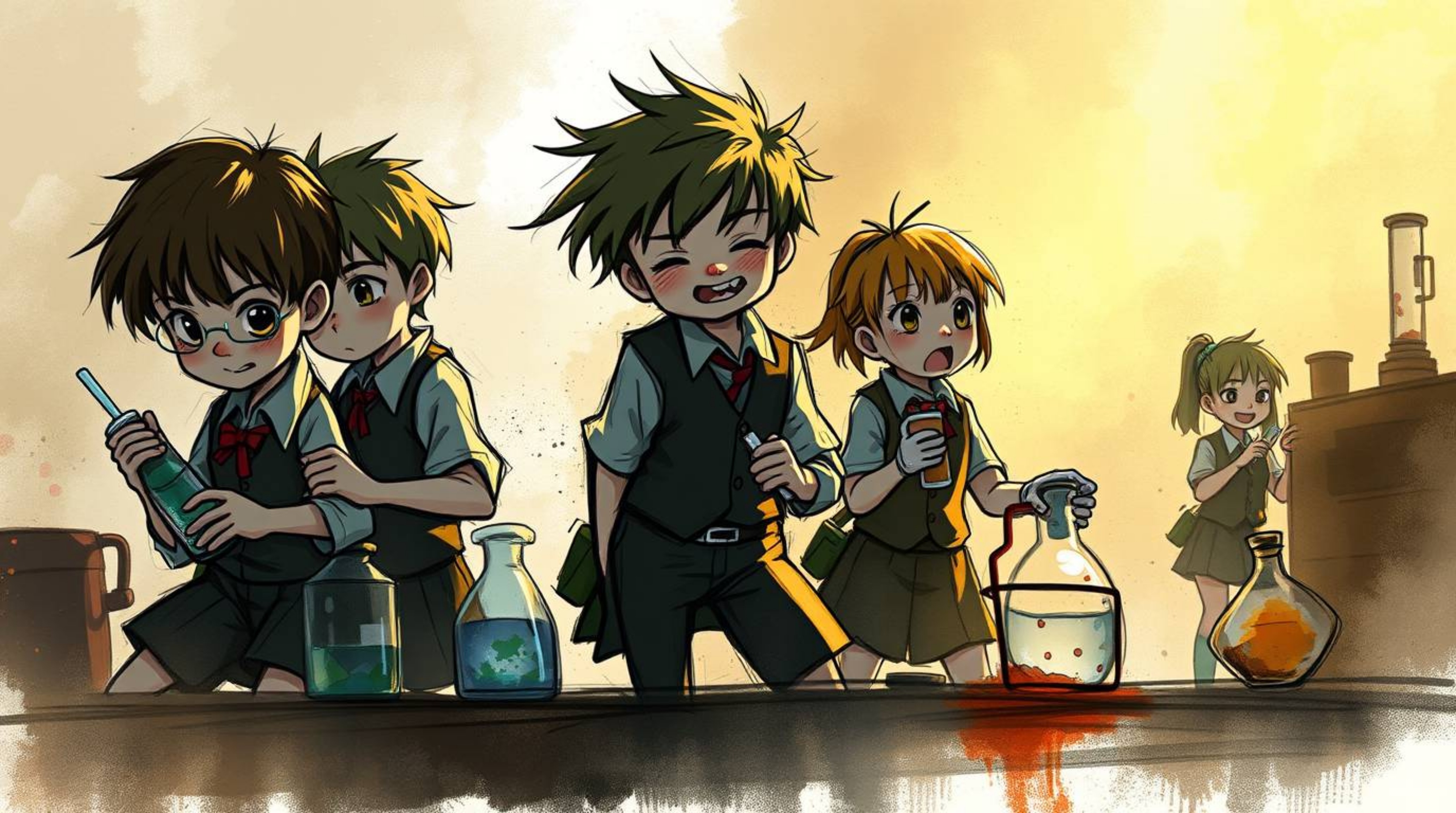 A captivating digital painting depicts quirky children in school uniforms conducting whimsical experiments.  The artwork util