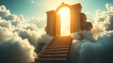 A breathtaking extreme macro photograph depicts a heavenly gate floating above ethereal clouds, with stairs leading upwards. 