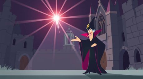 This vibrant illustration depicts a classic Disney villain casting a spell within the aged walls of an old castle. The modern