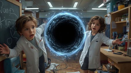 In a vibrant, cinematic photograph rendered in a hyper-realistic, Pixar-inspired style, a dynamic science fair duo unwittingl