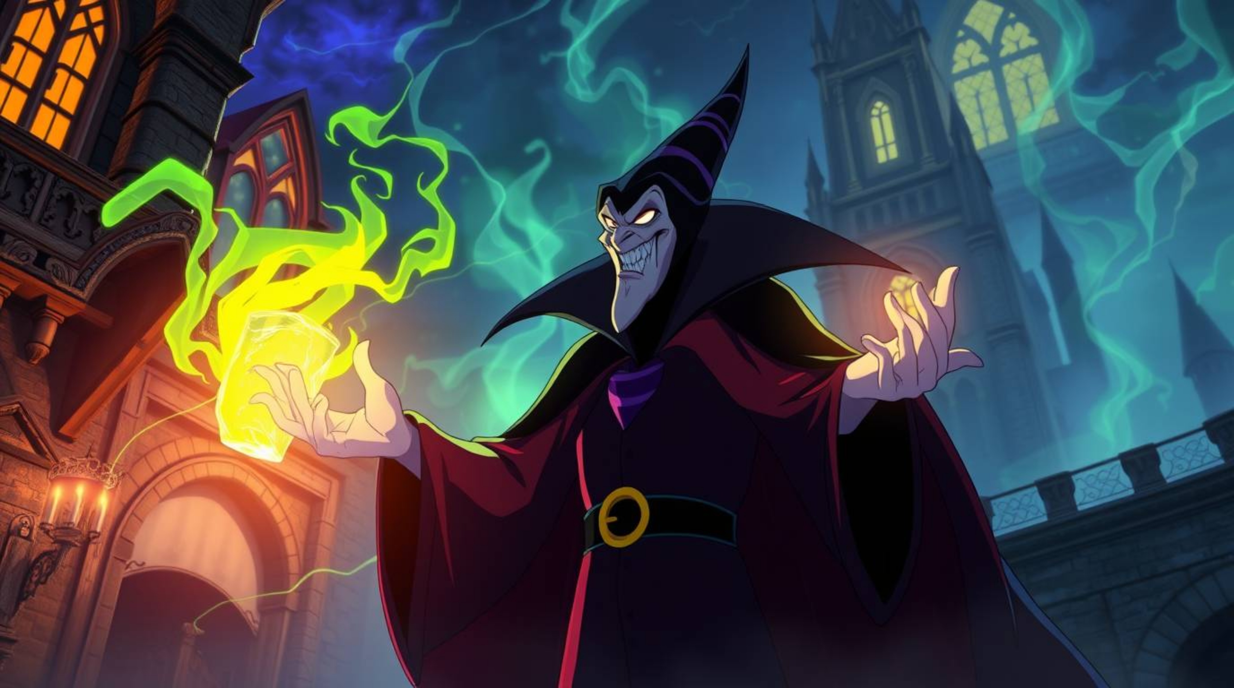 An Isekai-inspired artwork depicting a classic Disney villain immersed in the enchanting act of casting a spell within an anc
